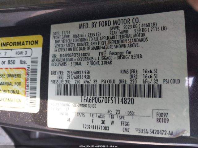 2015 FORD FUSION 1FA6P0G70F5114820 Photo 8
