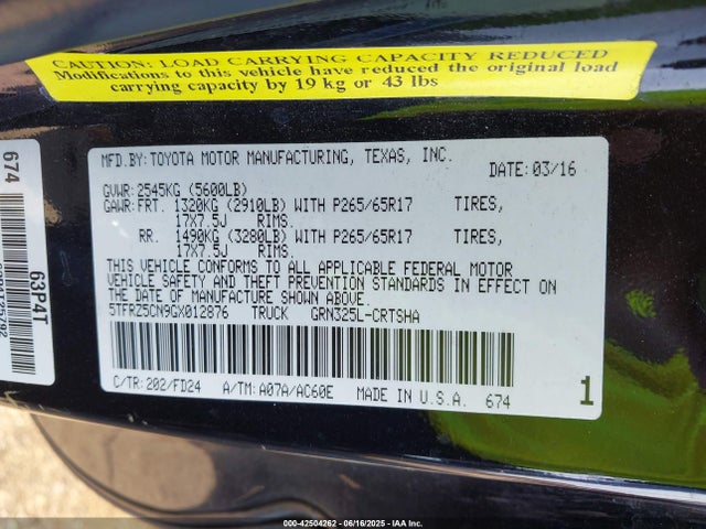 5TFRZ5CN9GX012876 Toyota 2gr-fks
