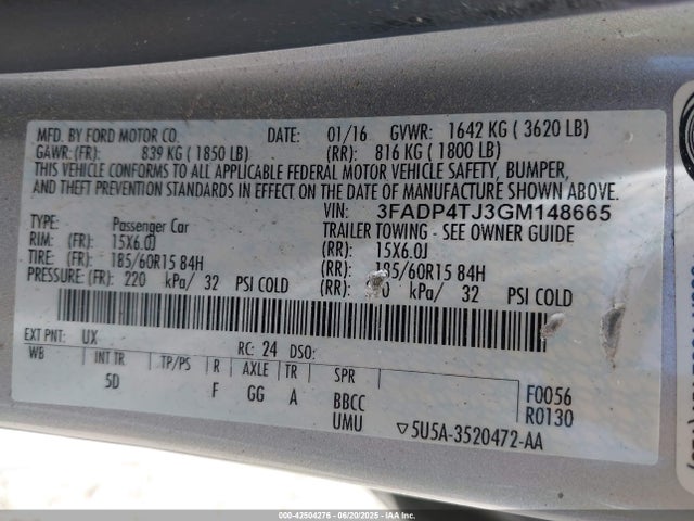 3FADP4TJ3GM148665 Ford 1.6l ti-vct premium fuel