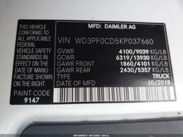 WD3PF0CD5KP037660 Mercedes-Benz Sprinter 2500 High Roof V6/standard Roof V6
