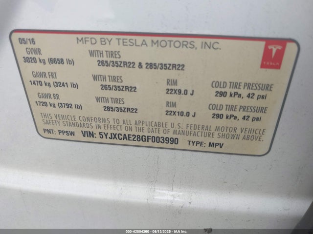 5YJXCAE28GF003990 Tesla 2016