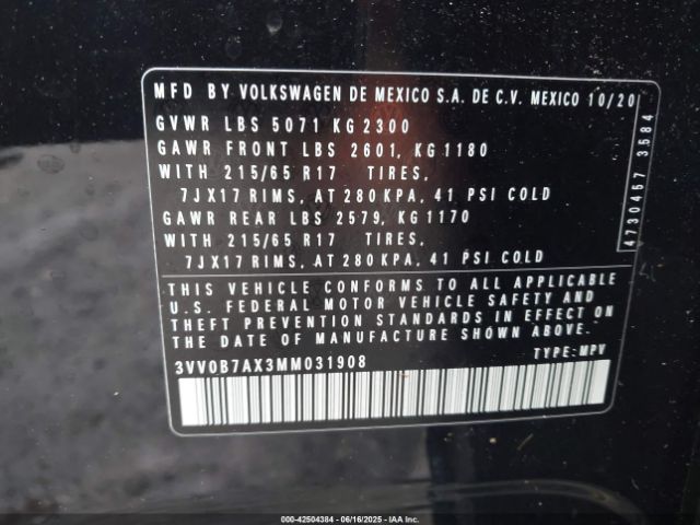 2021 VOLKSWAGEN TIGUAN 3VV0B7AX3MM031908 Photo 8