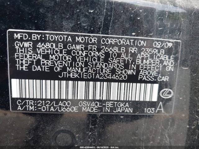 Aukcja sprzedaży 2010 Lexus Es 350, vin: JTHBK1EG1A2344620, numer aukcji: 42504403