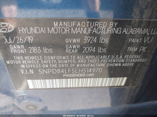 5NPD84LF5LH514970 Hyundai mpi nu