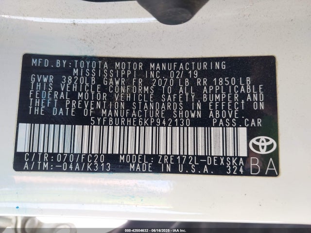 5YFBURHE6KP942130 Toyota 2zr-fe