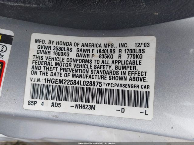 2004 HONDA CIVIC 1HGEM22584L028875 Photo 8