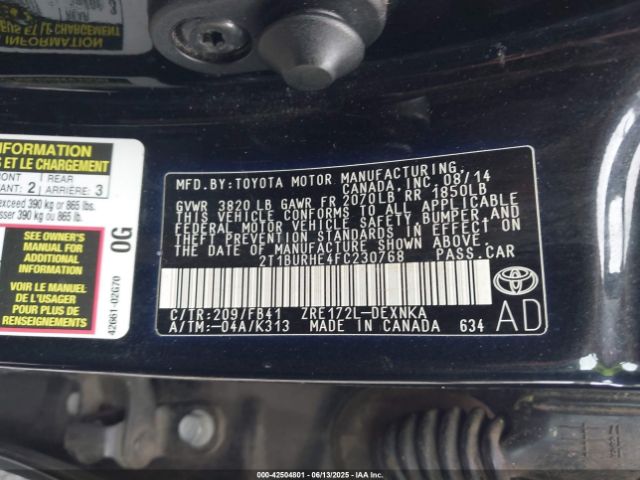 2T1BURHE4FC230768 Toyota COROLLA LE