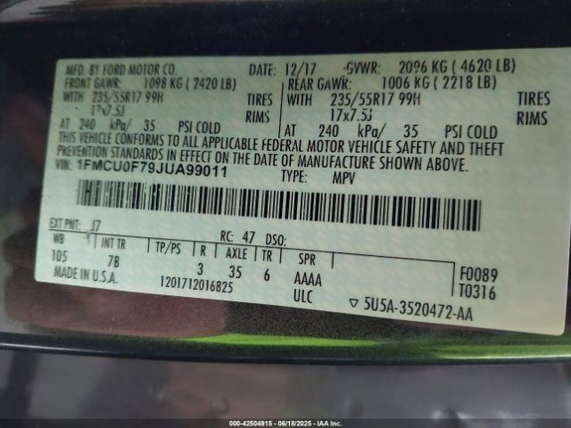 2018 FORD ESCAPE 1FMCU0F79JUA99011 Photo 8