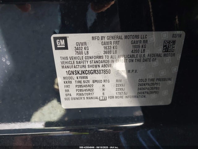 1GNSKJKC6GR307850 Chevrolet l83 - sidi, vvt, afm, e85 max, aluminum