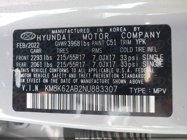 KM8K62AB2NU883307 Hyundai mpi nu pe