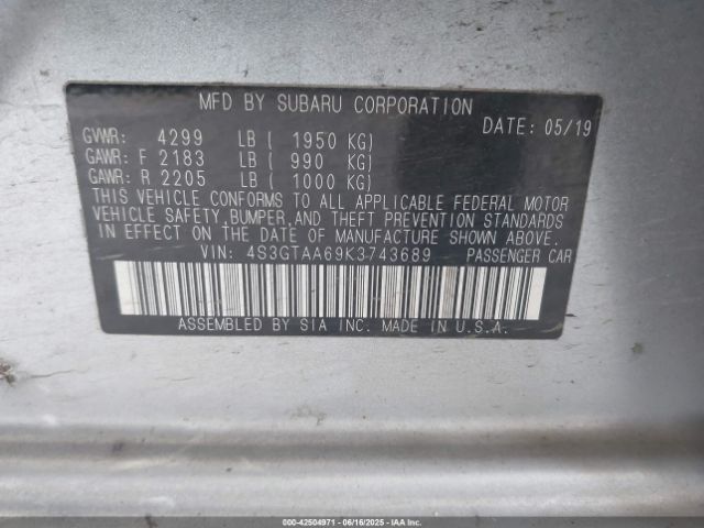 4S3GTAA69K3743689 Subaru 2019