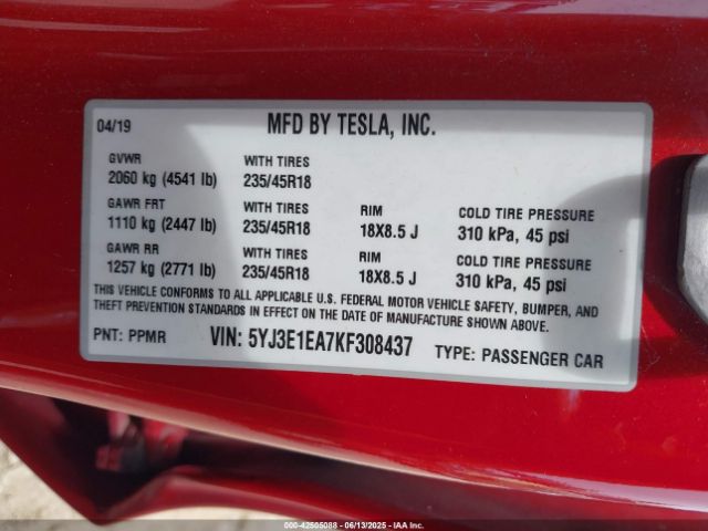 2019 TESLA MODEL 3 5YJ3E1EA7KF308437 Photo 8