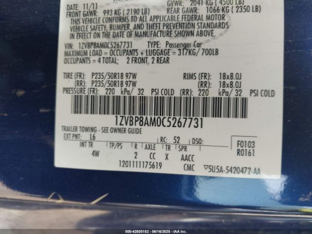 2012 FORD MUSTANG 1ZVBP8AM0C5267731 Photo 8