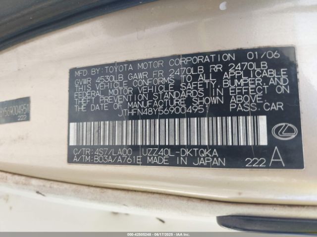 2006 LEXUS SC 430 JTHFN48Y569004951 Photo 8