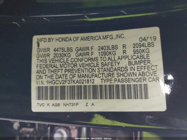 1HGCV2F37KA021812 Honda k20c4