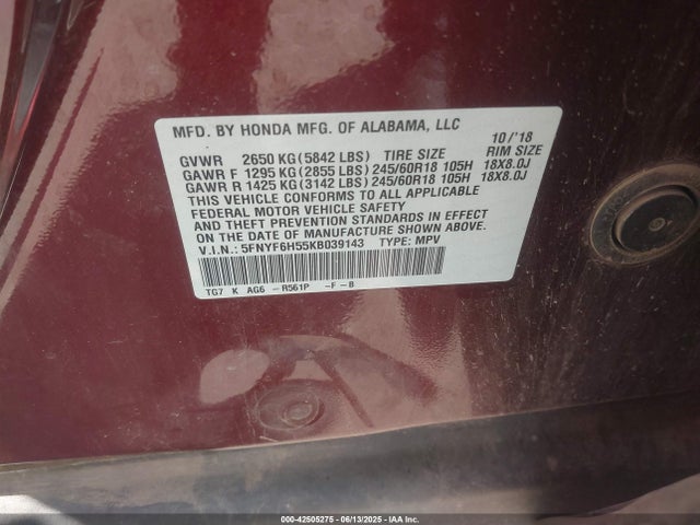 5FNYF6H55KB039143 Honda j35y6
