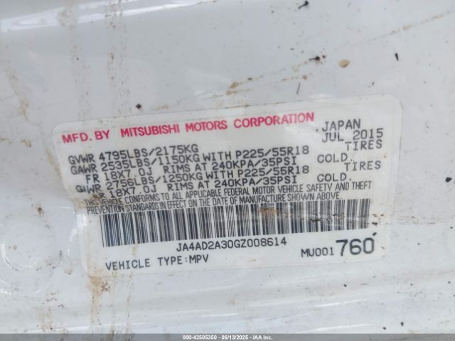 2016 MITSUBISHI OUTLANDER JA4AD2A30GZ008614 Photo 8