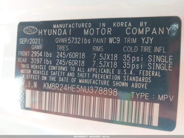 KM8R24HE5NU378898 Hyundai gdi lambda ii
