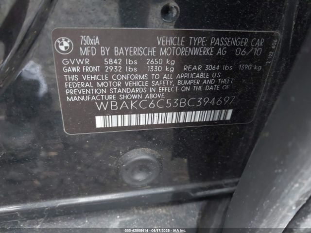 2011 BMW 750I WBAKC6C53BC394697 Photo 8