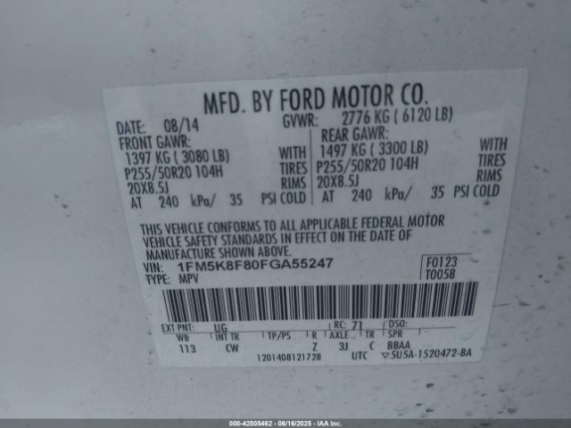 1FM5K8F80FGA55247 Ford 2015