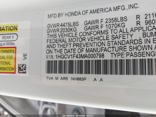 1HGCV1F43MA000798 Honda l15be