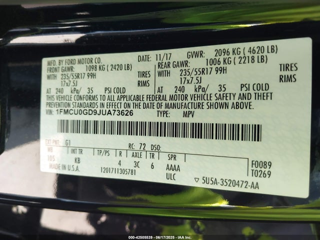 1FMCU0GD9JUA73626 Ford 1.5l gtdi sigma w/premium fuel