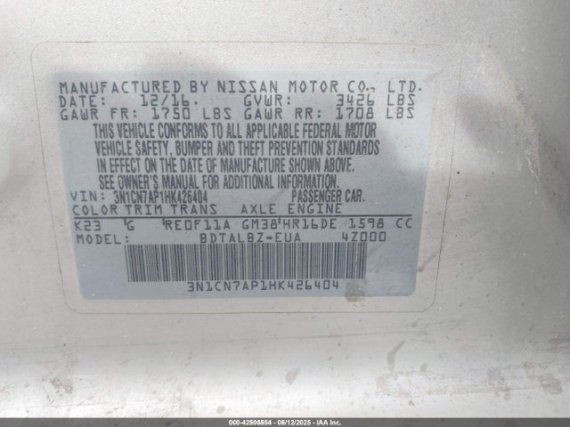 3N1CN7AP1HK426404 Nissan Versa 1.6 Sv