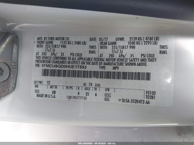 1FMCU9GD0HUE17553 Ford gtdi sigma w/premium fuel