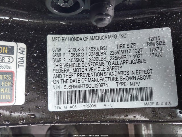Honda k24w9 2016 5J6RM4H76GL020874 Image 9