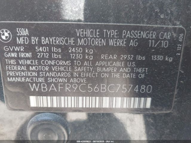 2011 BMW 550I WBAFR9C56BC757480 Photo 8