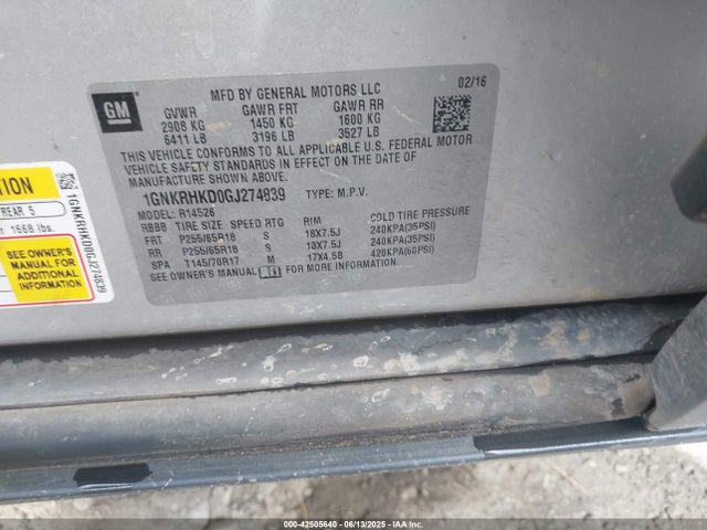 1GNKRHKD0GJ274839 Chevrolet llt - sidi, alum, 60 degrees