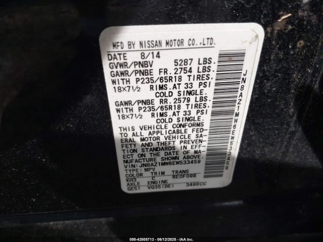 JN8AZ1MW6EW533459 Nissan MURANO SL