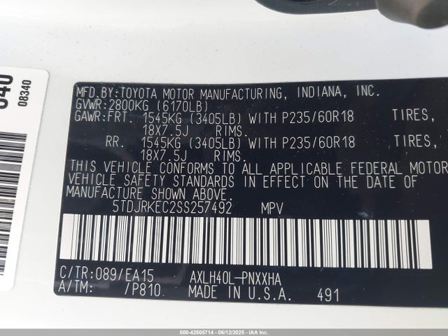 5TDJRKEC2SS257492 Toyota a25a-fxs