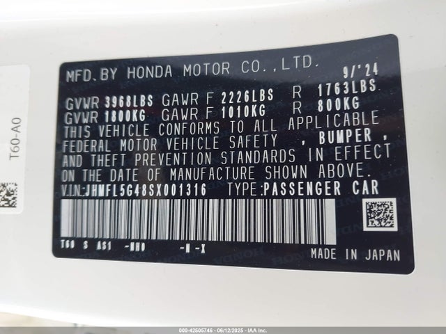 JHMFL5G48SX001316 Honda k20c1
