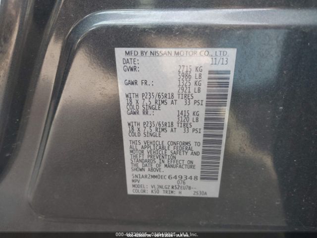 5N1AR2MM0EC649348 Nissan Pathfinder Sl