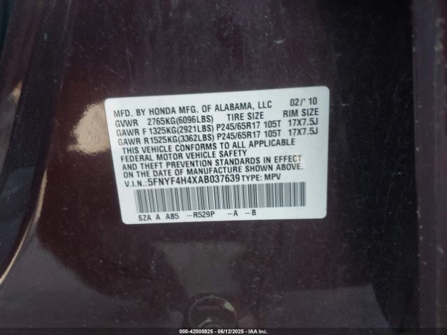 2010 HONDA PILOT 5FNYF4H4XAB037639 Photo 8