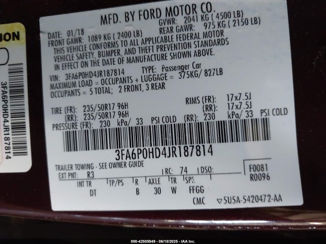 3FA6P0HD4JR187814 Ford Fusion