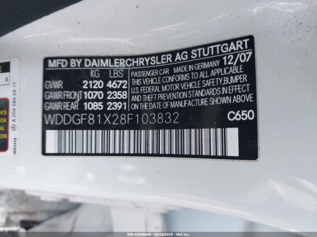 2008 MERCEDES-BENZ C 300 WDDGF81X28F103832 Photo 8