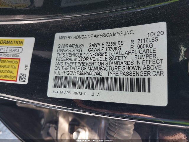 1HGCV1F38MA002442 Honda l15be