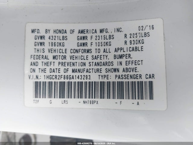 1HGCR2F86GA143293 Honda k24w1