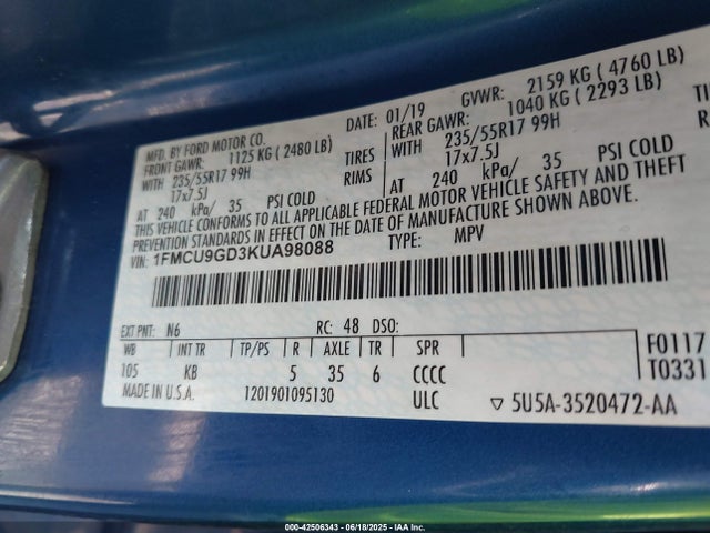 1FMCU9GD3KUA98088 Ford ESCAPE SE