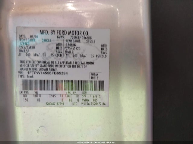 42506413 :رقم المزاد ، 1FTPW14556FB65394 vin ، 2006 Ford F-150 Fx4/lariat/xlt مزاد بيع