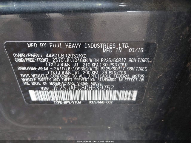 Subaru naturally aspirated u5 2016 JF2SJAFC8GH539752 Image 9