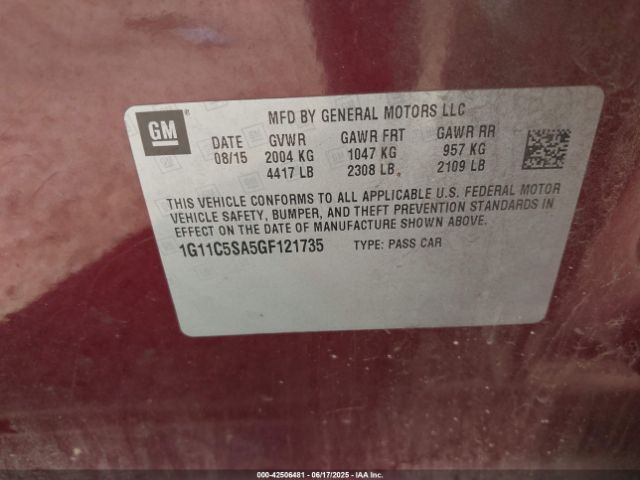 1G11C5SA5GF121735 Chevrolet lcv -sidi, dcvcp, vvt, dcvcp, e85 max, e0-e100, aluminum