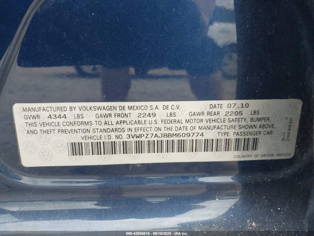 2011 Volkswagen Jetta Sportwagen 2.5l S მანქანა იყიდება აუქციონზე, vin: 3VWPZ7AJ8BM609774, აუქციონის ნომერი: 42506516