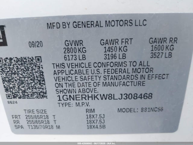 1GNERHKW8LJ308468 Chevrolet lfy - spark ignited direct injection, atss, gen 1
