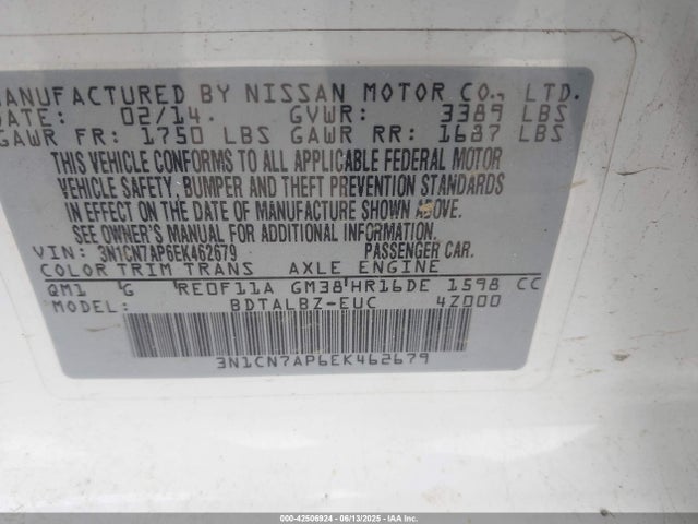 3N1CN7AP6EK462679 Nissan Versa 1.6 Sv