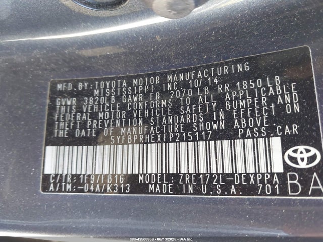 5YFBPRHEXFP215117 Toyota 2zr-fae