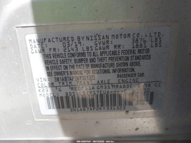 3N1AB7AP2KY331323 Nissan SENTRA SV