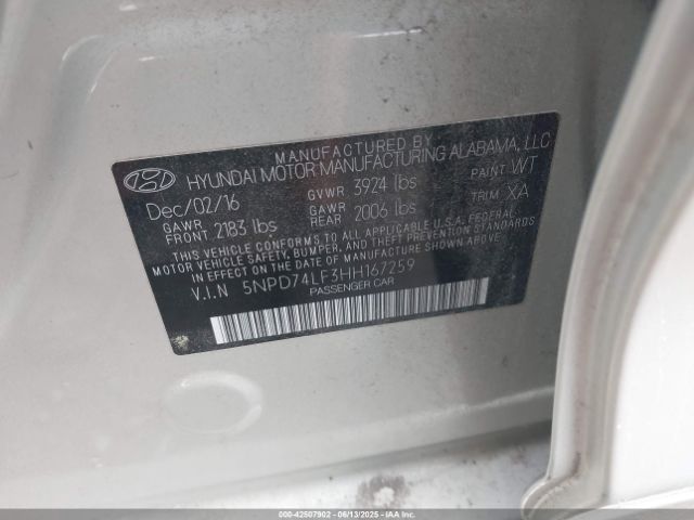 5NPD74LF3HH167259 Hyundai ELANTRA SE